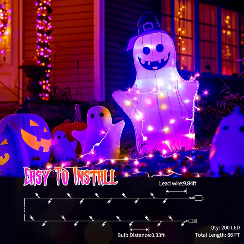 The Holiday Aisle 66 FT 200 LED Halloween Lights Outdoor Decorations Waterproof Fairy String Lights Plug In With Remote Timer 8 Modes For Outside House Tree Bush Garden Yard Party Decor Purple